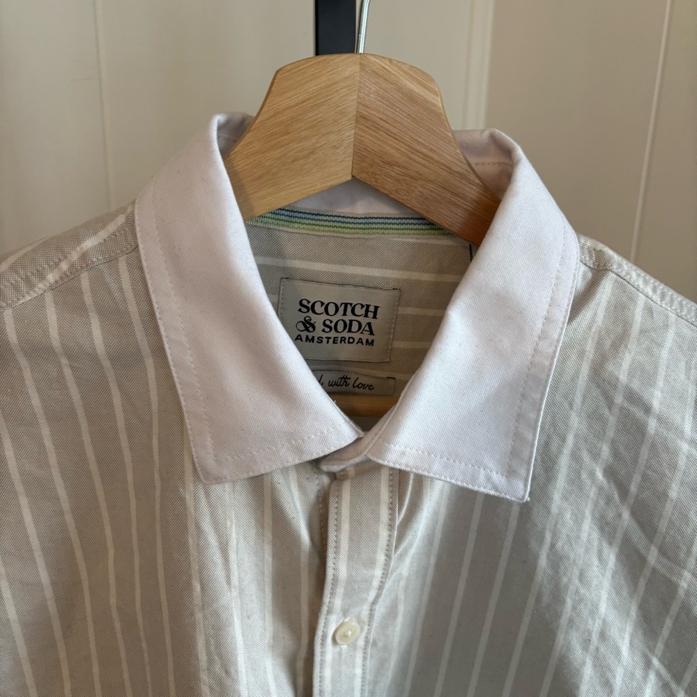 Scotch & Soda Men’s Med Dove Stripe Pinpoint Boxy Cotton Short Sleeve Shirt NWT